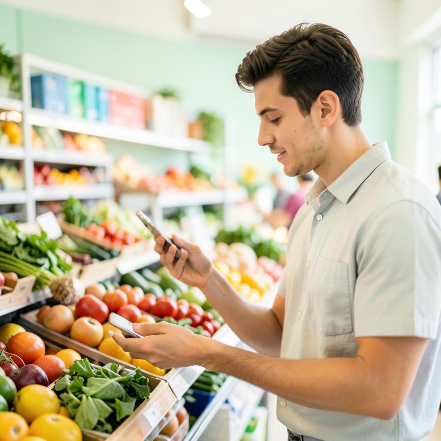 A man tracking grocery spending on his phone while shopping